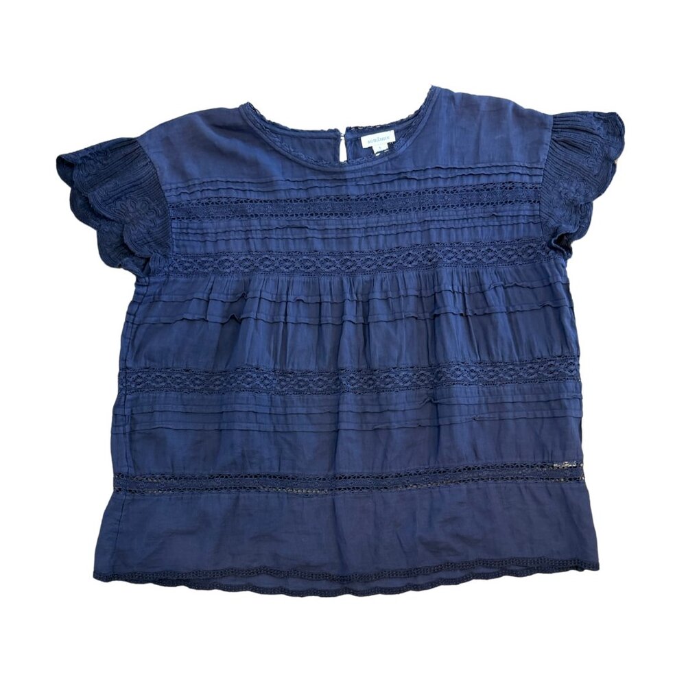 Sundance Aria Embroidered Lace Navy Flutter Sleeve Blouse 100% Cotton Sz S